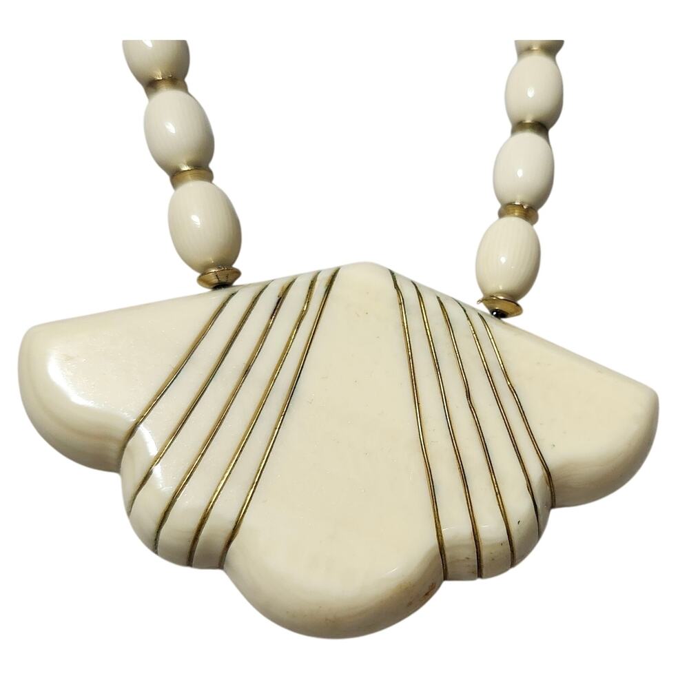 Vtg 1930s 40s  Art Deco French Ivory Fan  Brass Inlay Necklace